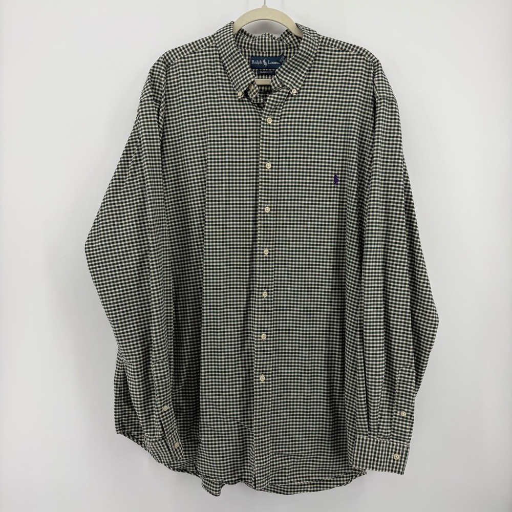 Ralph Lauren Mens 2XLT Green Gingham Button Down Shirt Classic‎ Fit Long Sleeve